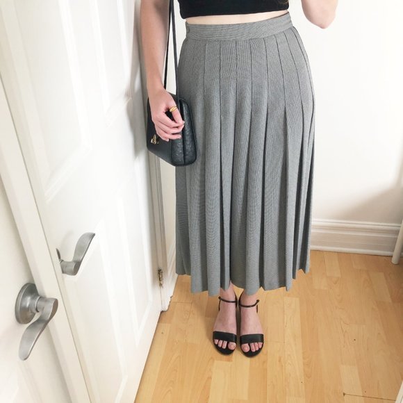 Vintage Midi Skirt Pleated Houndstooth Tweed Knit High Waisted Long Peppy School - Picture 3 of 8